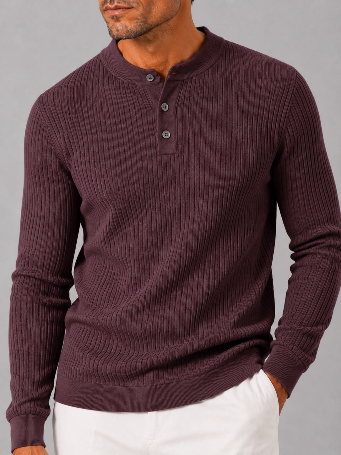 Men’s Ribbed Stripe Long Sleeve Henley Polo Shirt Slim Fit Autumn Winter Business Casual Top