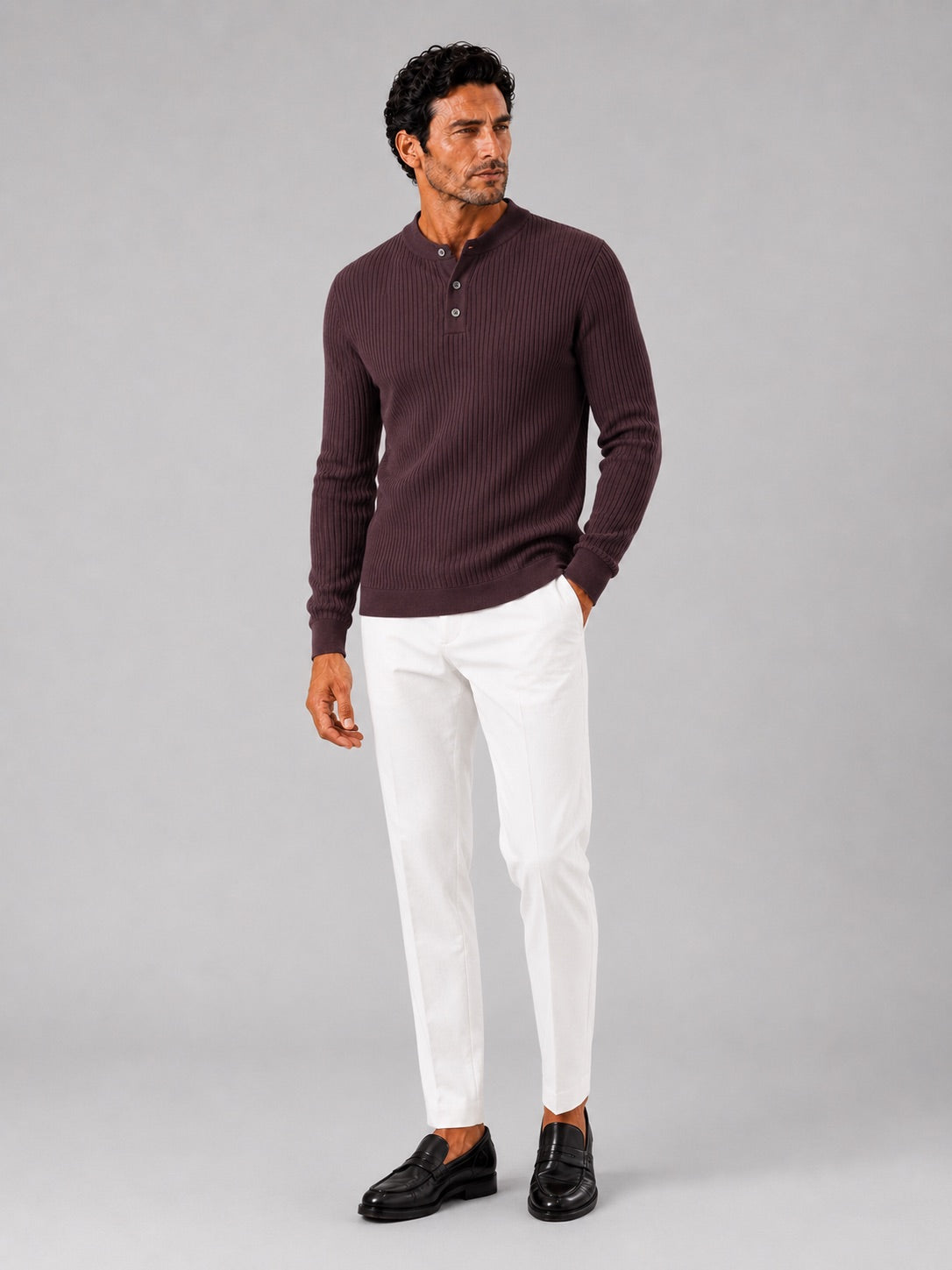 Men’s Ribbed Stripe Long Sleeve Henley Polo Shirt Slim Fit Autumn Winter Business Casual Top
