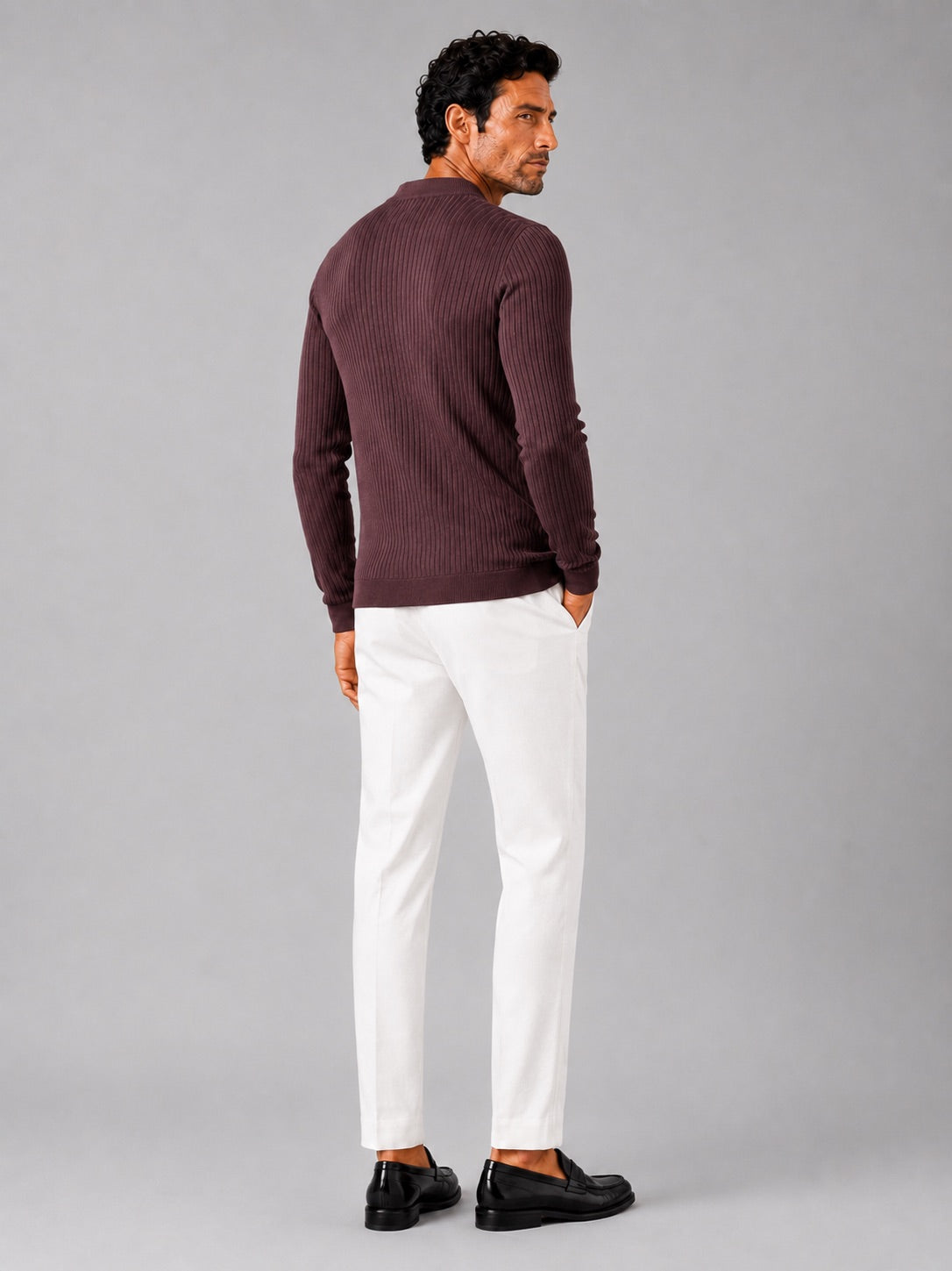 Men’s Ribbed Stripe Long Sleeve Henley Polo Shirt Slim Fit Autumn Winter Business Casual Top