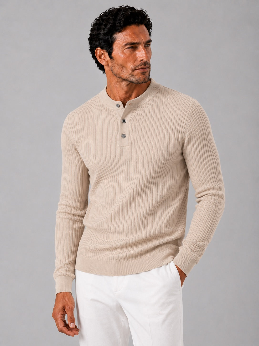 Men’s Ribbed Stripe Long Sleeve Henley Polo Shirt Slim Fit Autumn Winter Business Casual Top