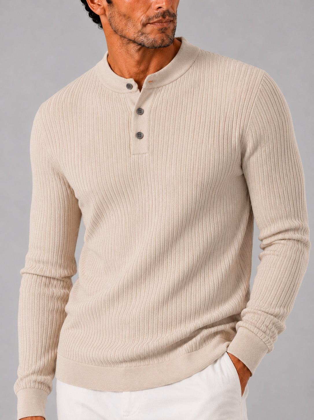 Men’s Ribbed Stripe Long Sleeve Henley Polo Shirt Slim Fit Autumn Winter Business Casual Top