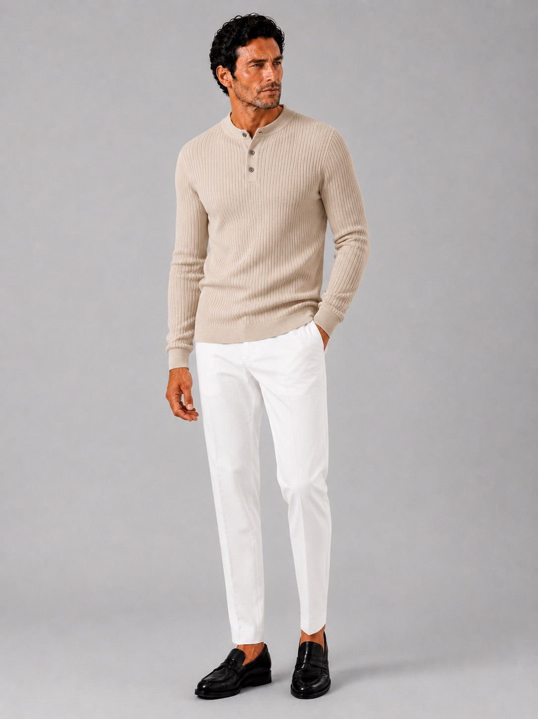 Men’s Ribbed Stripe Long Sleeve Henley Polo Shirt Slim Fit Autumn Winter Business Casual Top