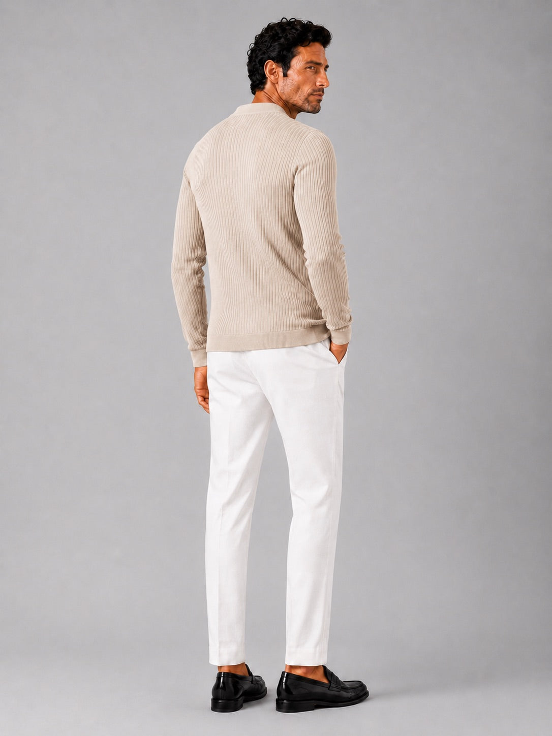 Men’s Ribbed Stripe Long Sleeve Henley Polo Shirt Slim Fit Autumn Winter Business Casual Top