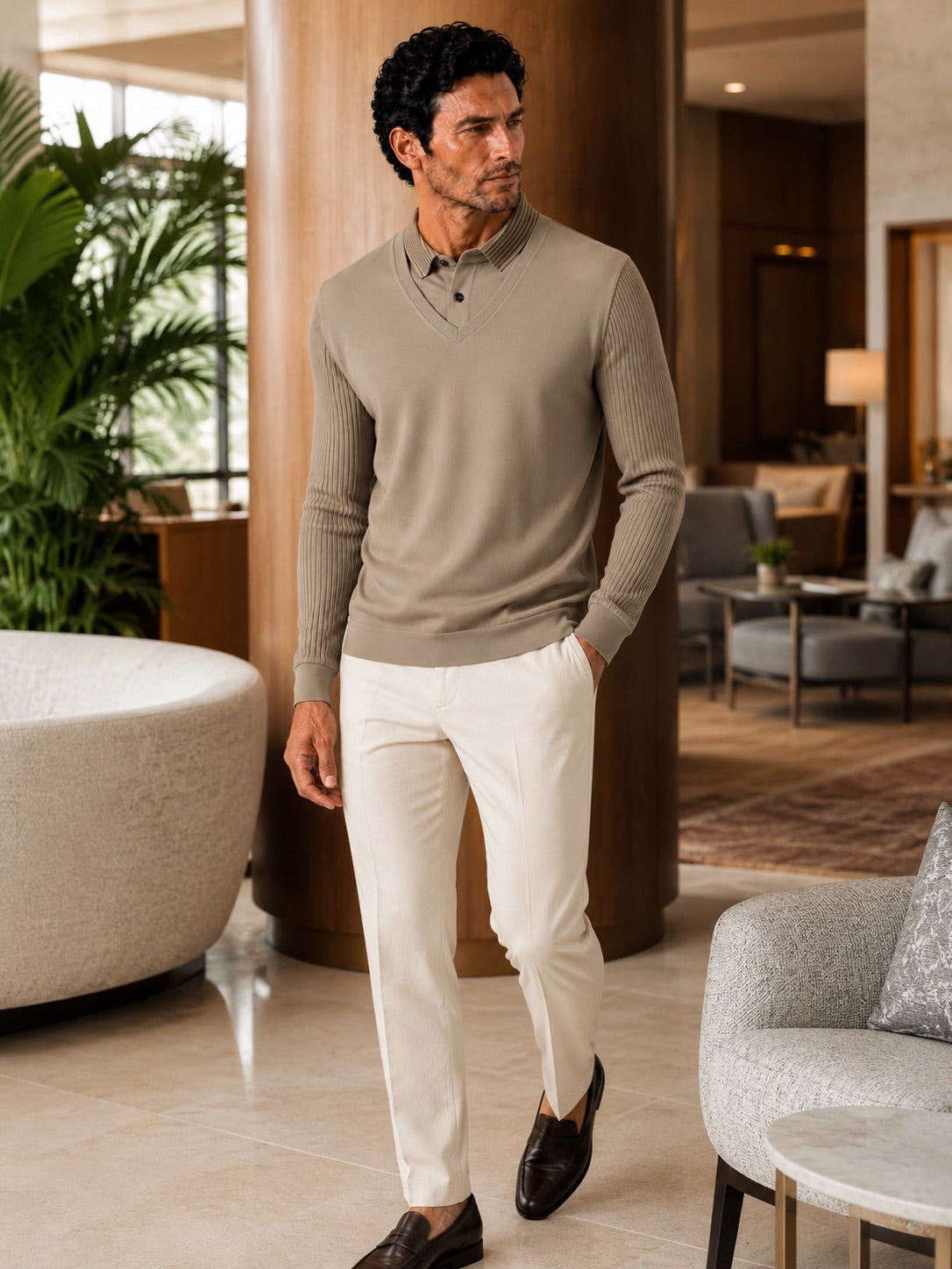 Men’s Long Sleeve Polo Shirt Solid Colour Lightweight All-Season Business Casual Top for Office and Vacation Wear
