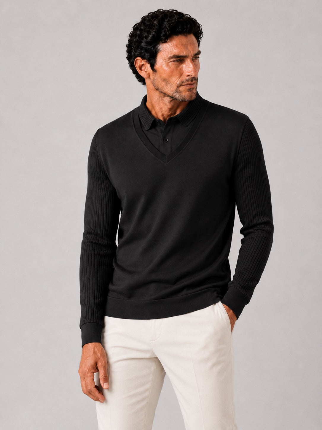 Men’s Long Sleeve Polo Shirt Solid Colour Lightweight All-Season Business Casual Top for Office and Vacation Wear
