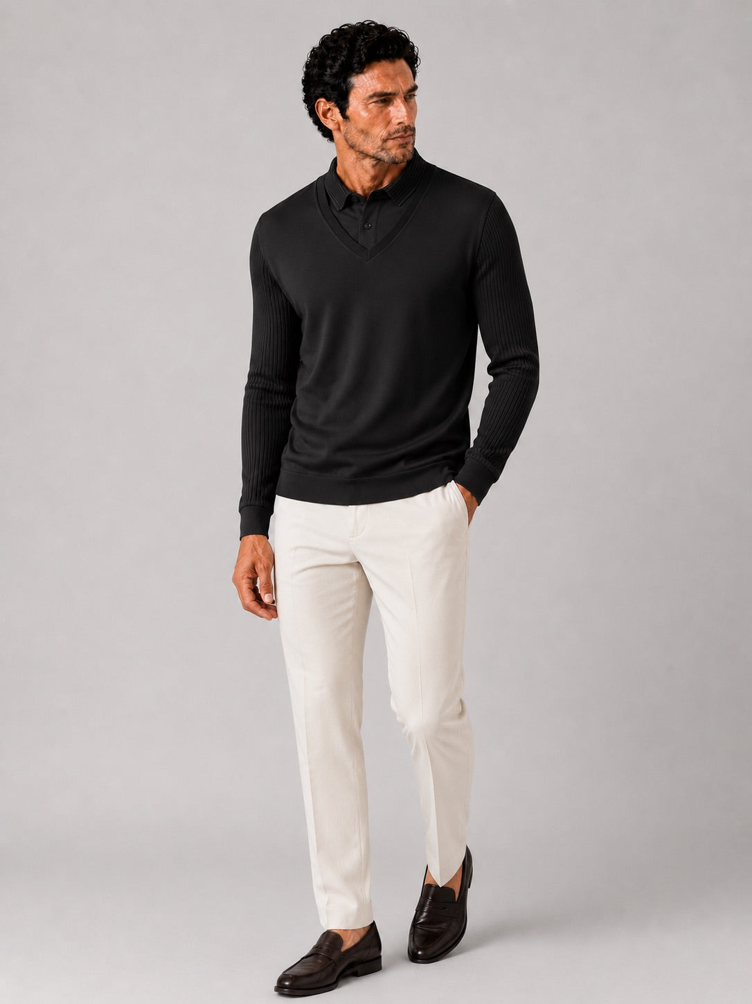 Men’s Long Sleeve Polo Shirt Solid Colour Lightweight All-Season Business Casual Top for Office and Vacation Wear