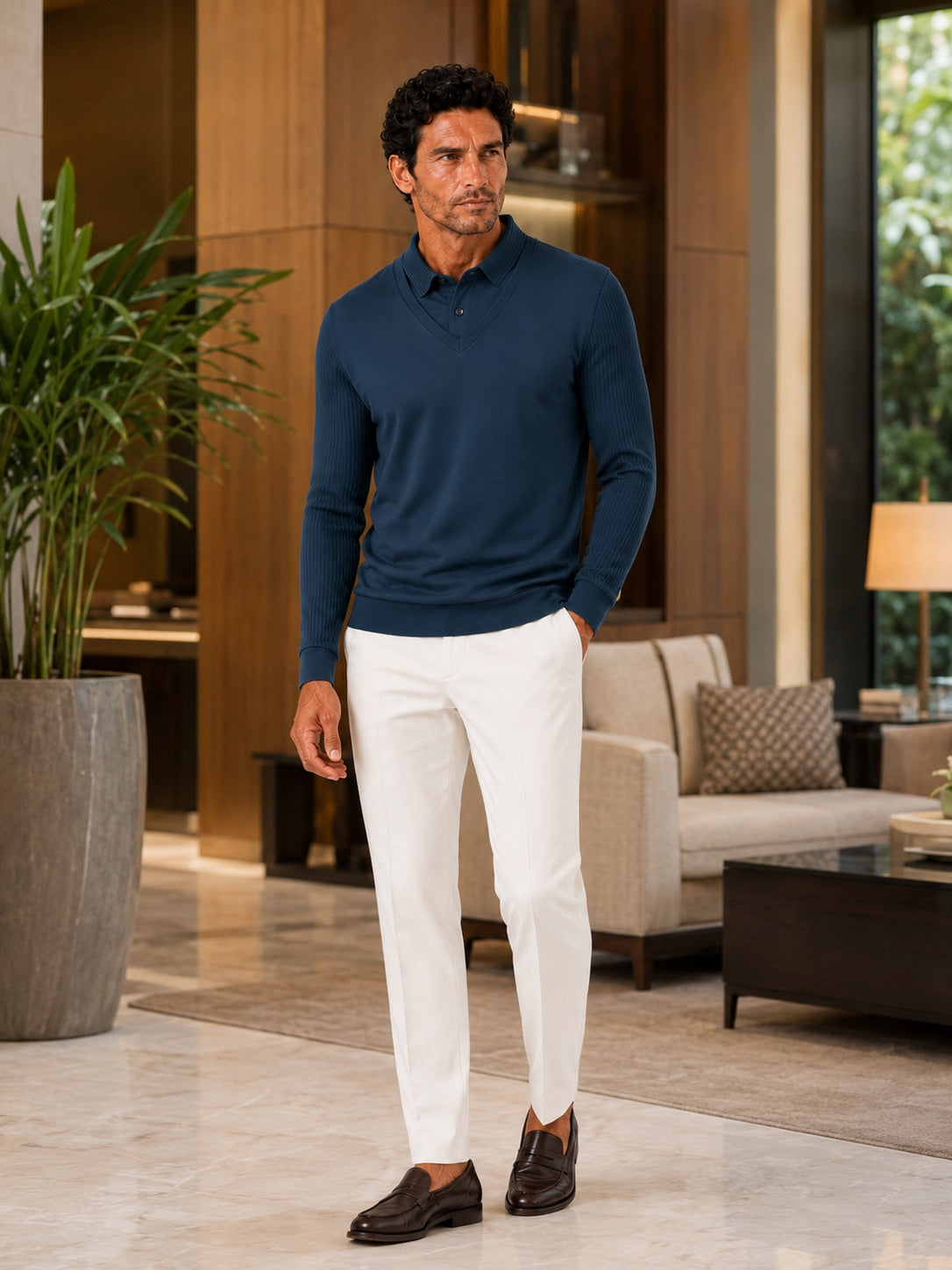 Men’s Long Sleeve Polo Shirt Solid Colour Lightweight All-Season Business Casual Top for Office and Vacation Wear