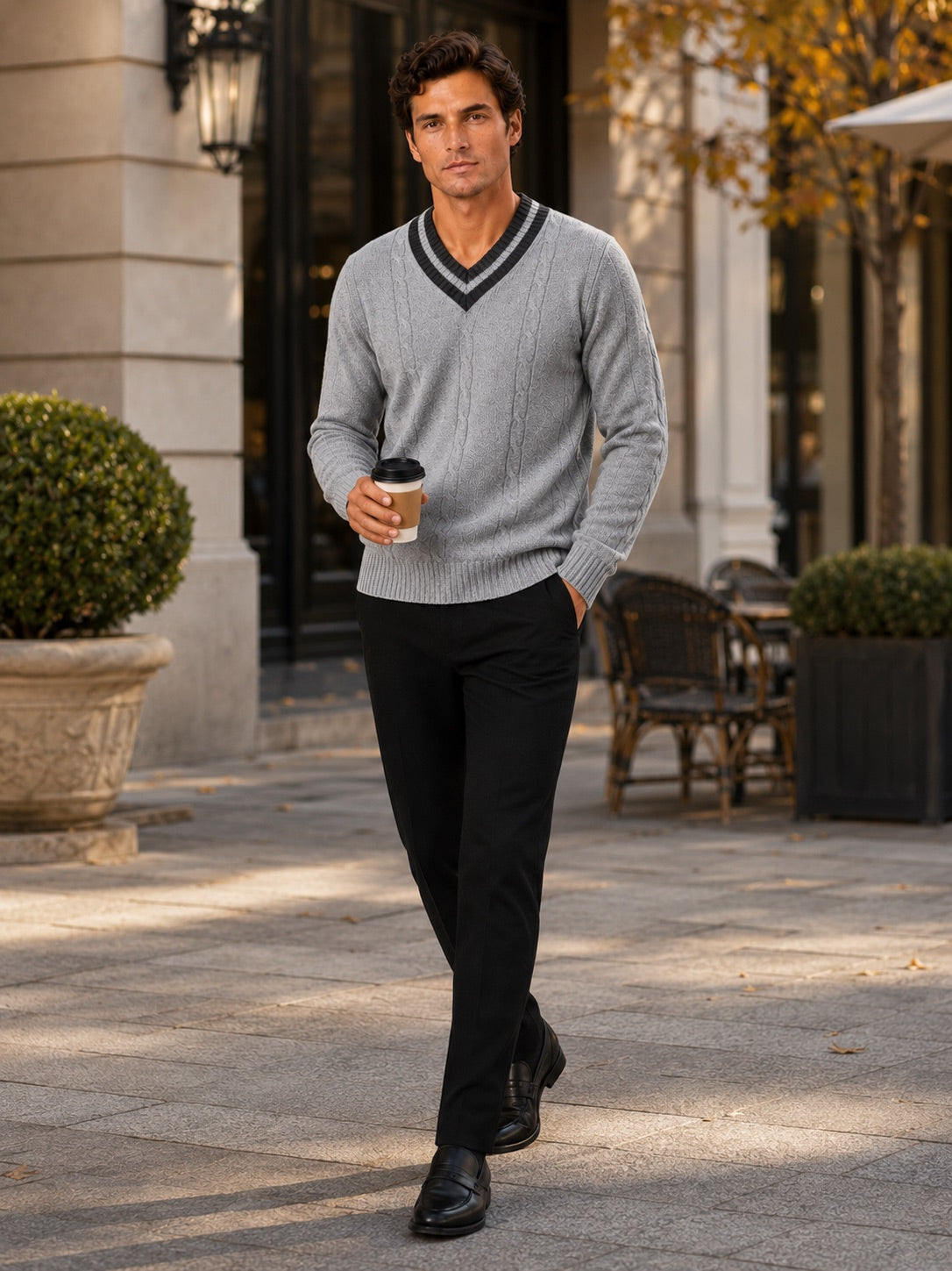 Men’s V-Neck Knit Jumper Breathable Warm Long Sleeve Autumn Winter Pullover for Outdoor Casual and Everyday Wear