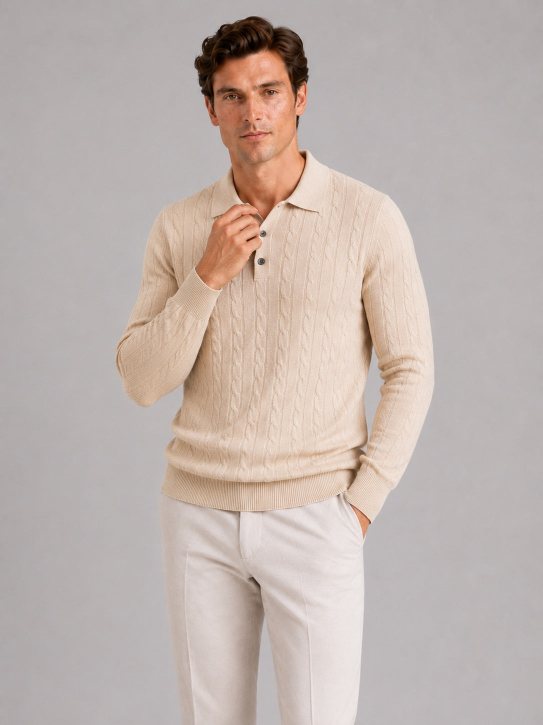 Men’s Cable Knit Long Sleeve Polo Winter Layer for Business Casual and Everyday Wear