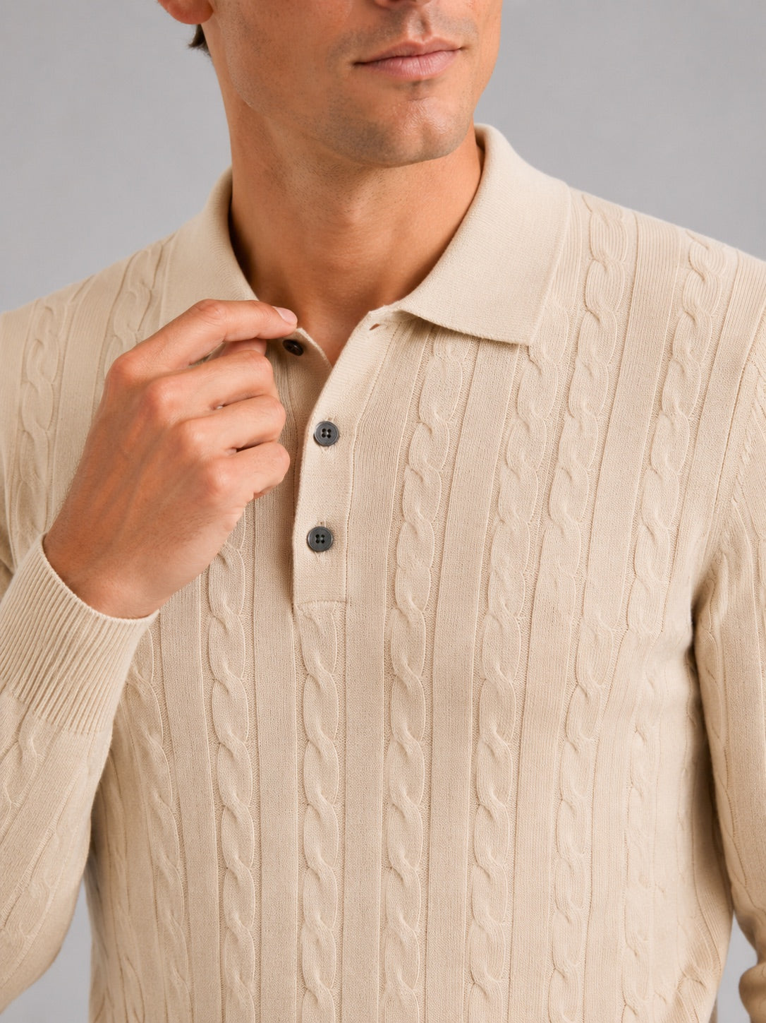 Men’s Cable Knit Long Sleeve Polo Winter Layer for Business Casual and Everyday Wear