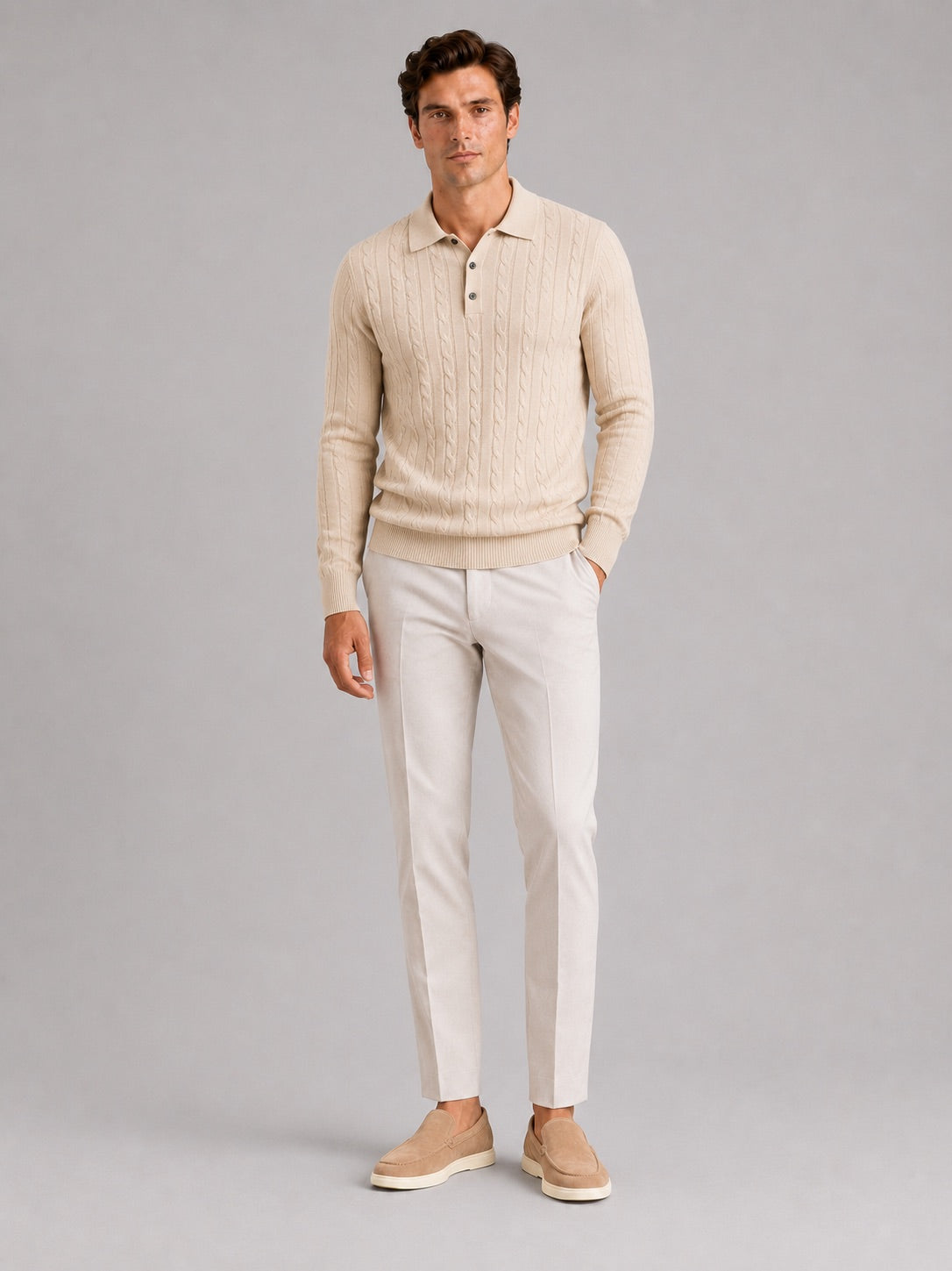 Men’s Cable Knit Long Sleeve Polo Winter Layer for Business Casual and Everyday Wear