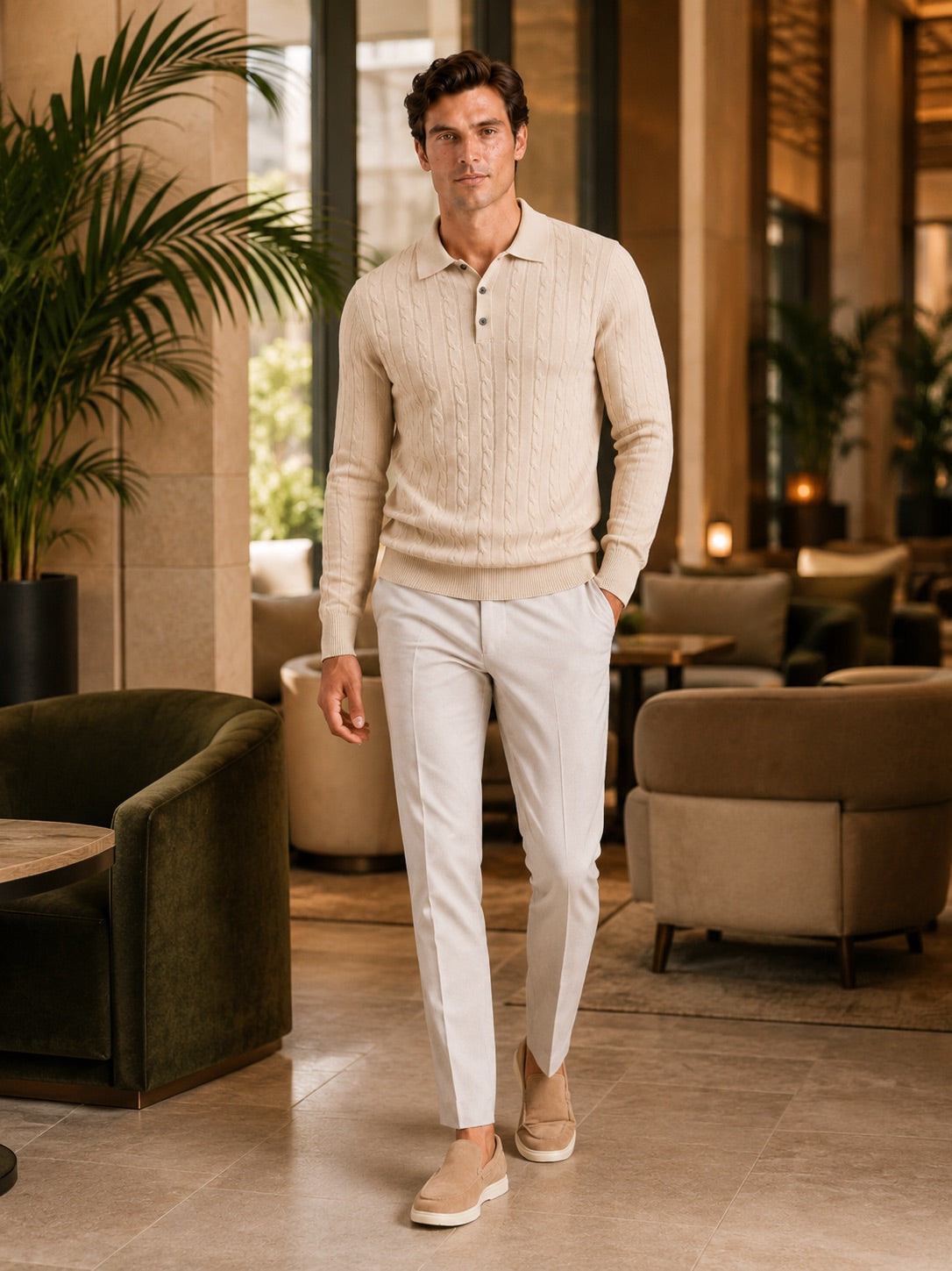 Men’s Cable Knit Long Sleeve Polo Winter Layer for Business Casual and Everyday Wear
