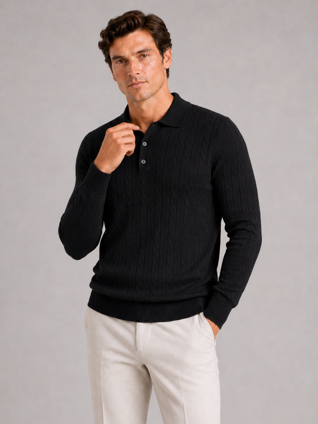 Men’s Cable Knit Long Sleeve Polo Winter Layer for Business Casual and Everyday Wear