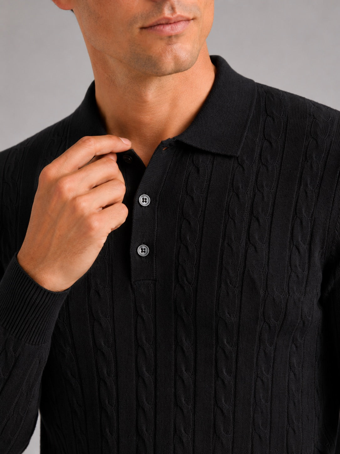 Men’s Cable Knit Long Sleeve Polo Winter Layer for Business Casual and Everyday Wear