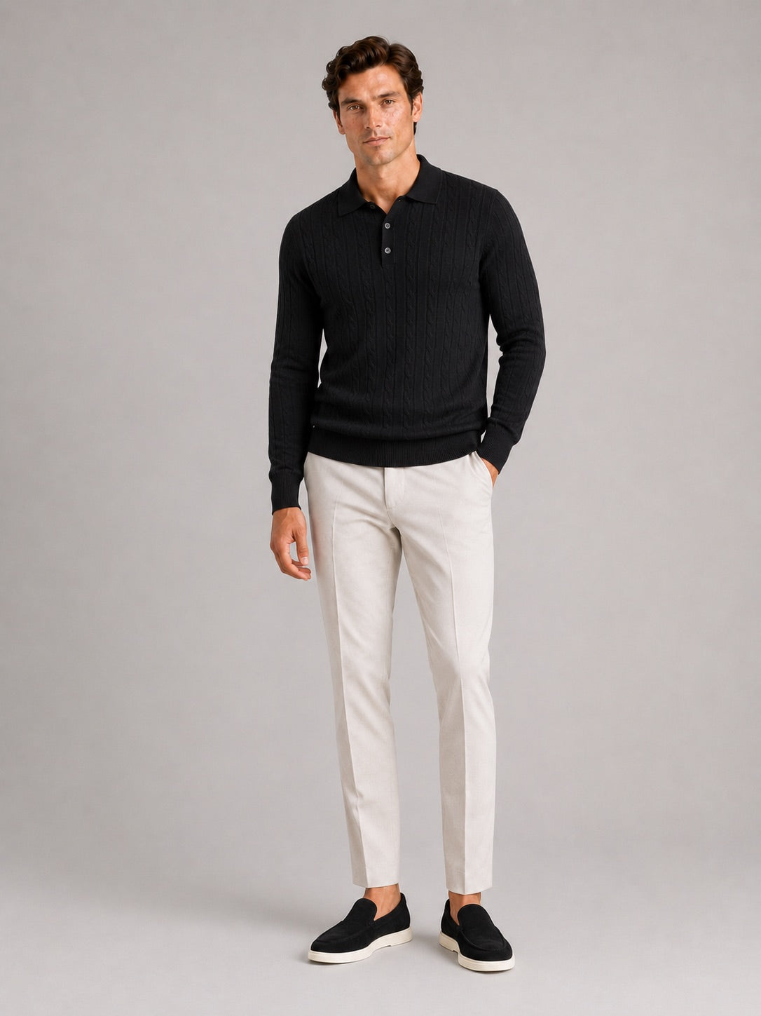 Men’s Cable Knit Long Sleeve Polo Winter Layer for Business Casual and Everyday Wear