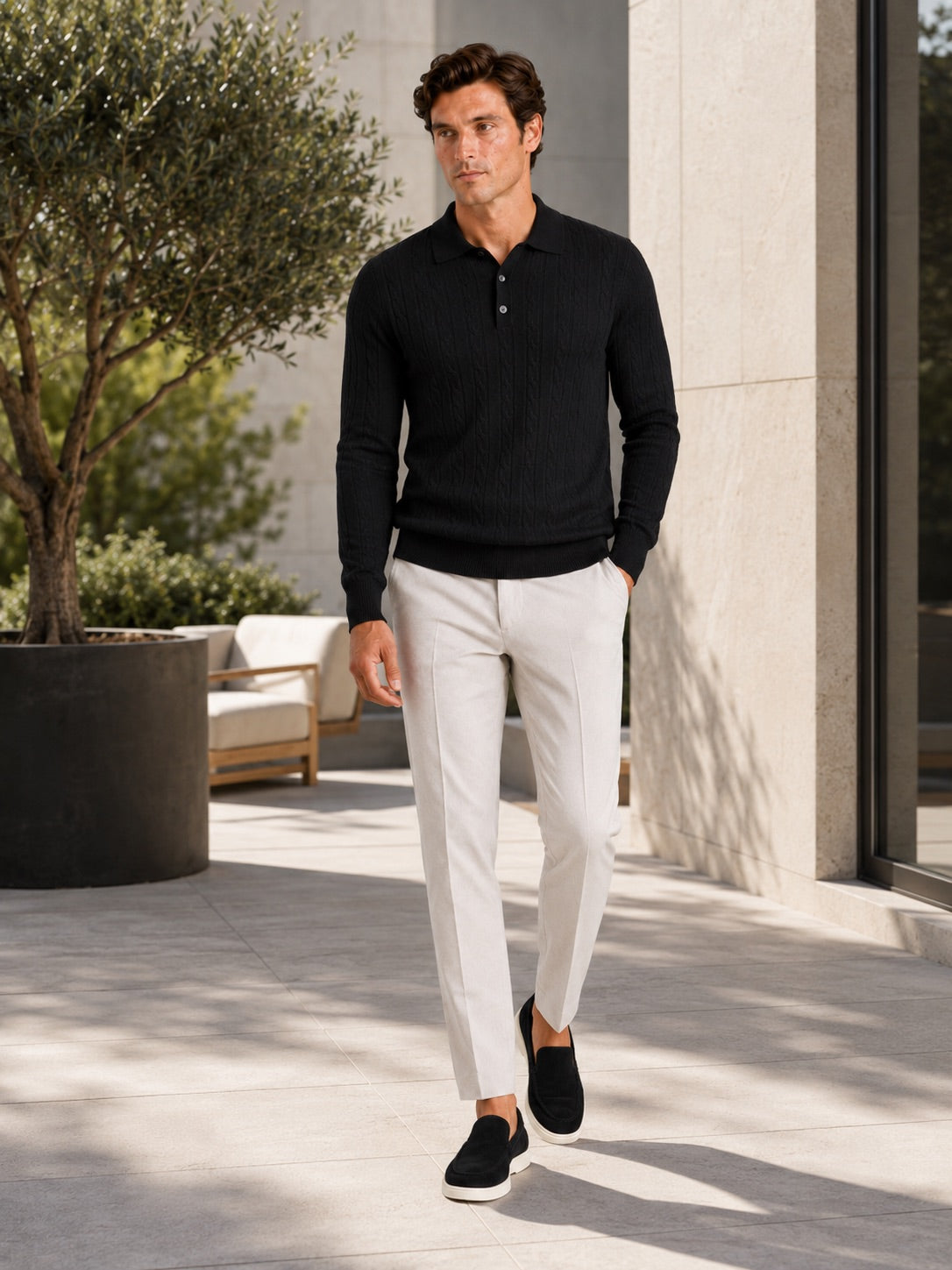 Men’s Cable Knit Long Sleeve Polo Winter Layer for Business Casual and Everyday Wear