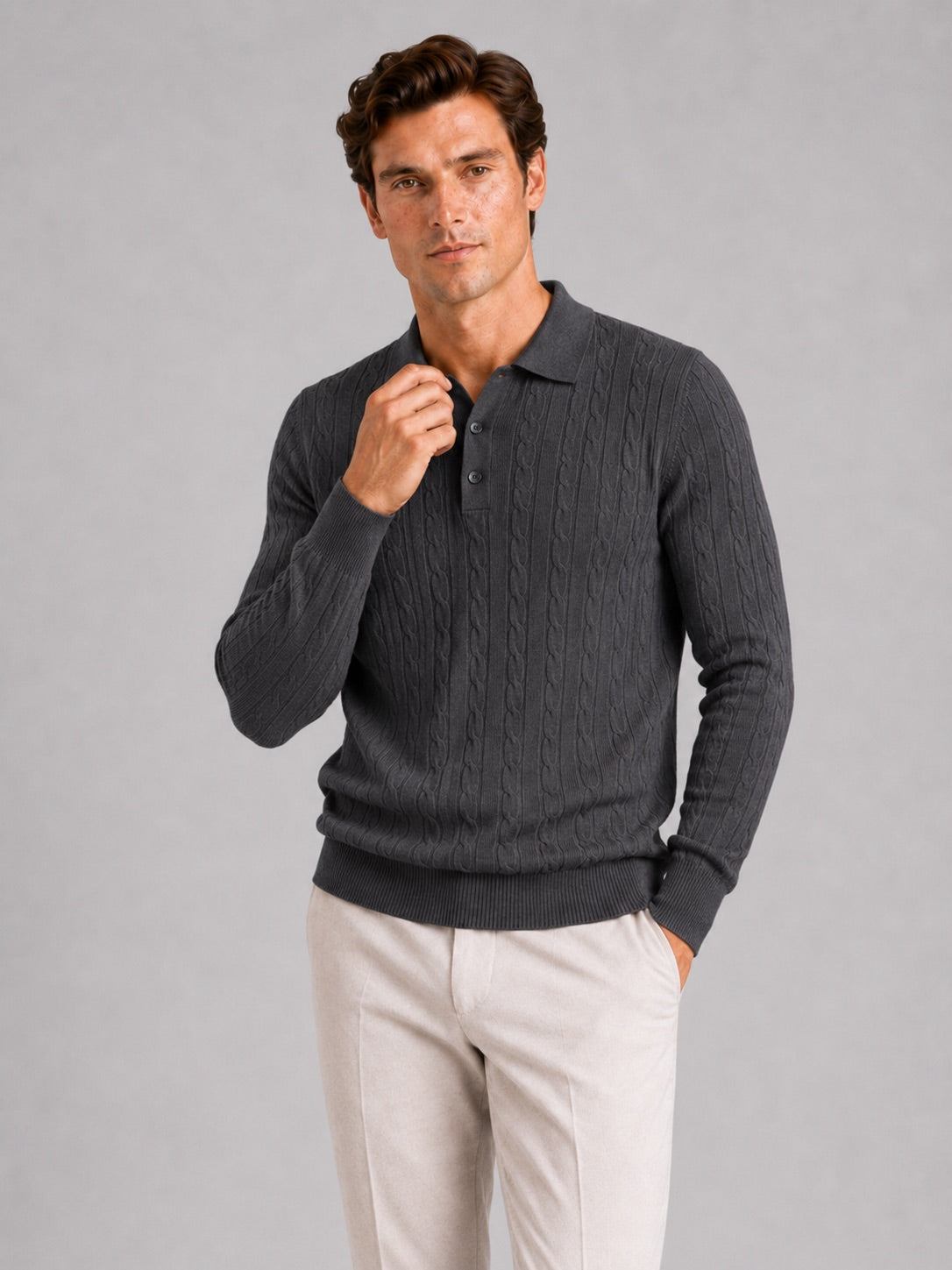 Men’s Cable Knit Long Sleeve Polo Winter Layer for Business Casual and Everyday Wear
