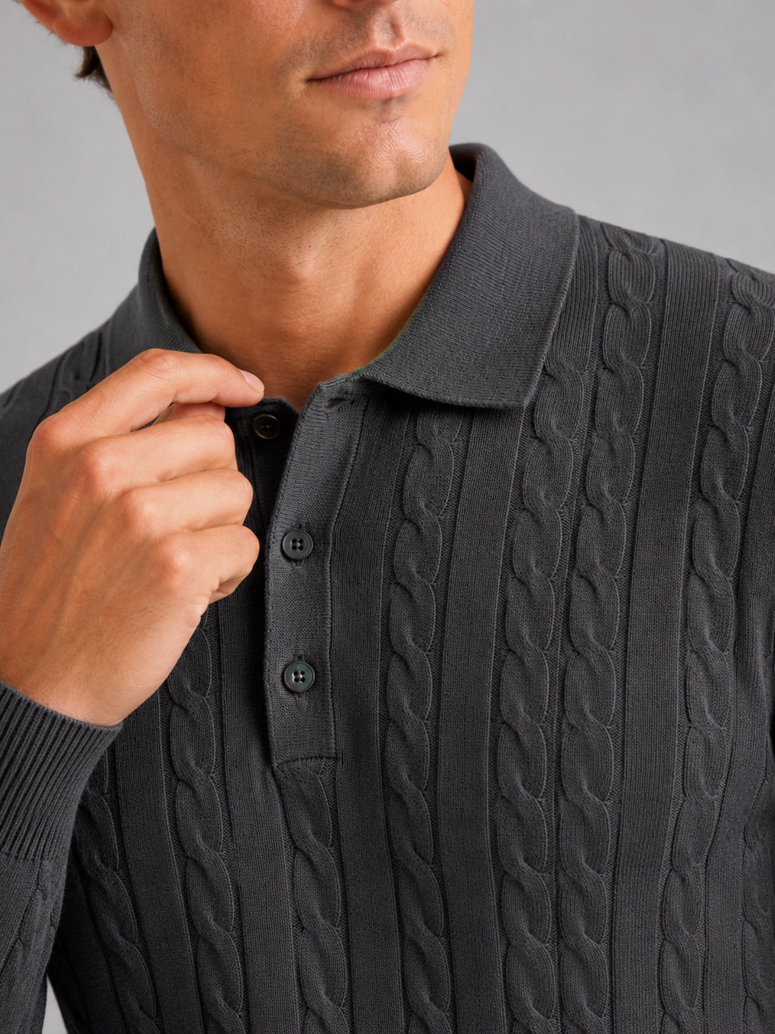 Men’s Cable Knit Long Sleeve Polo Winter Layer for Business Casual and Everyday Wear
