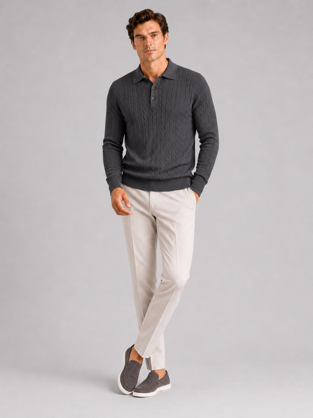 Men’s Cable Knit Long Sleeve Polo Winter Layer for Business Casual and Everyday Wear