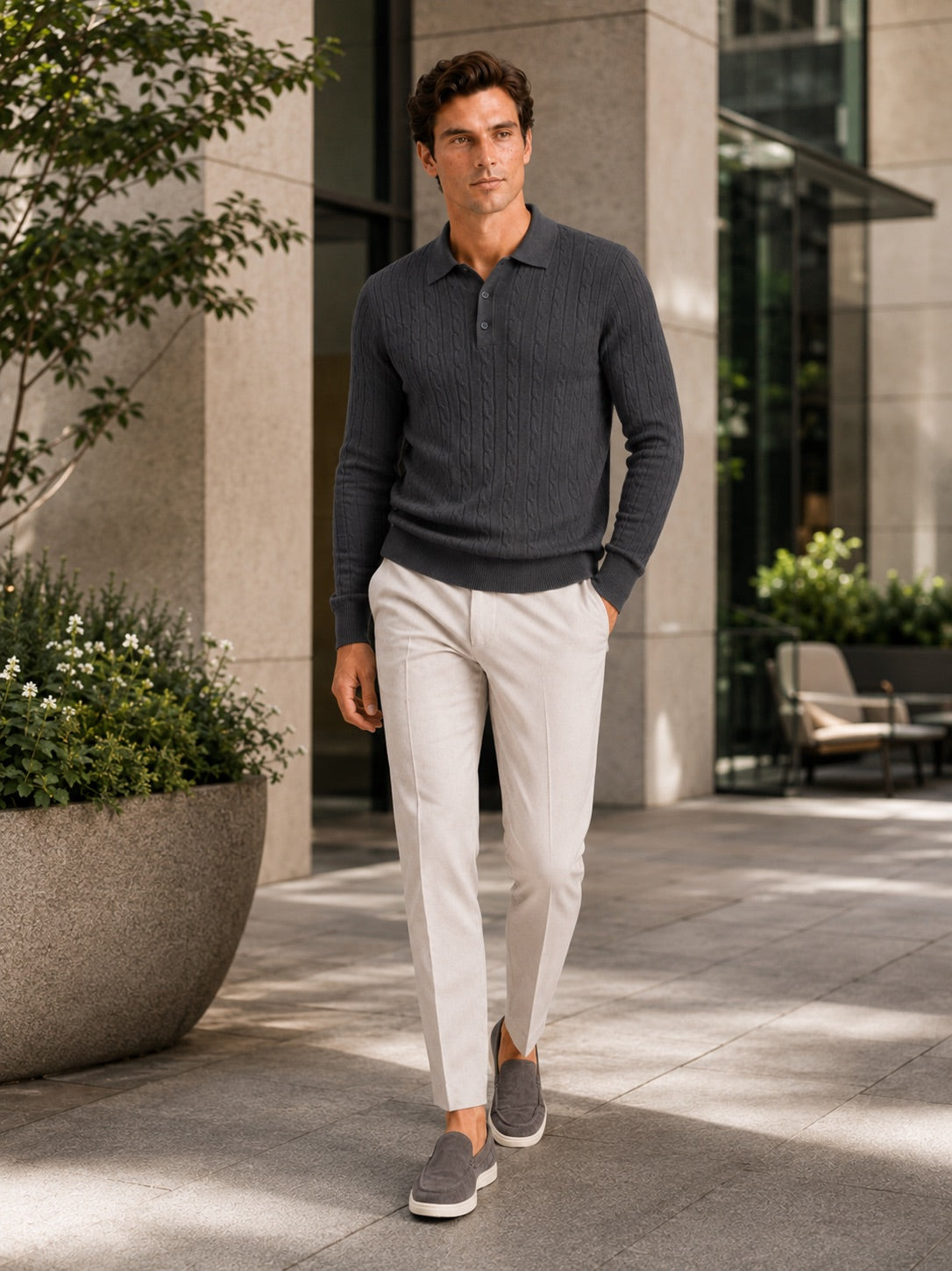 Men’s Cable Knit Long Sleeve Polo Winter Layer for Business Casual and Everyday Wear