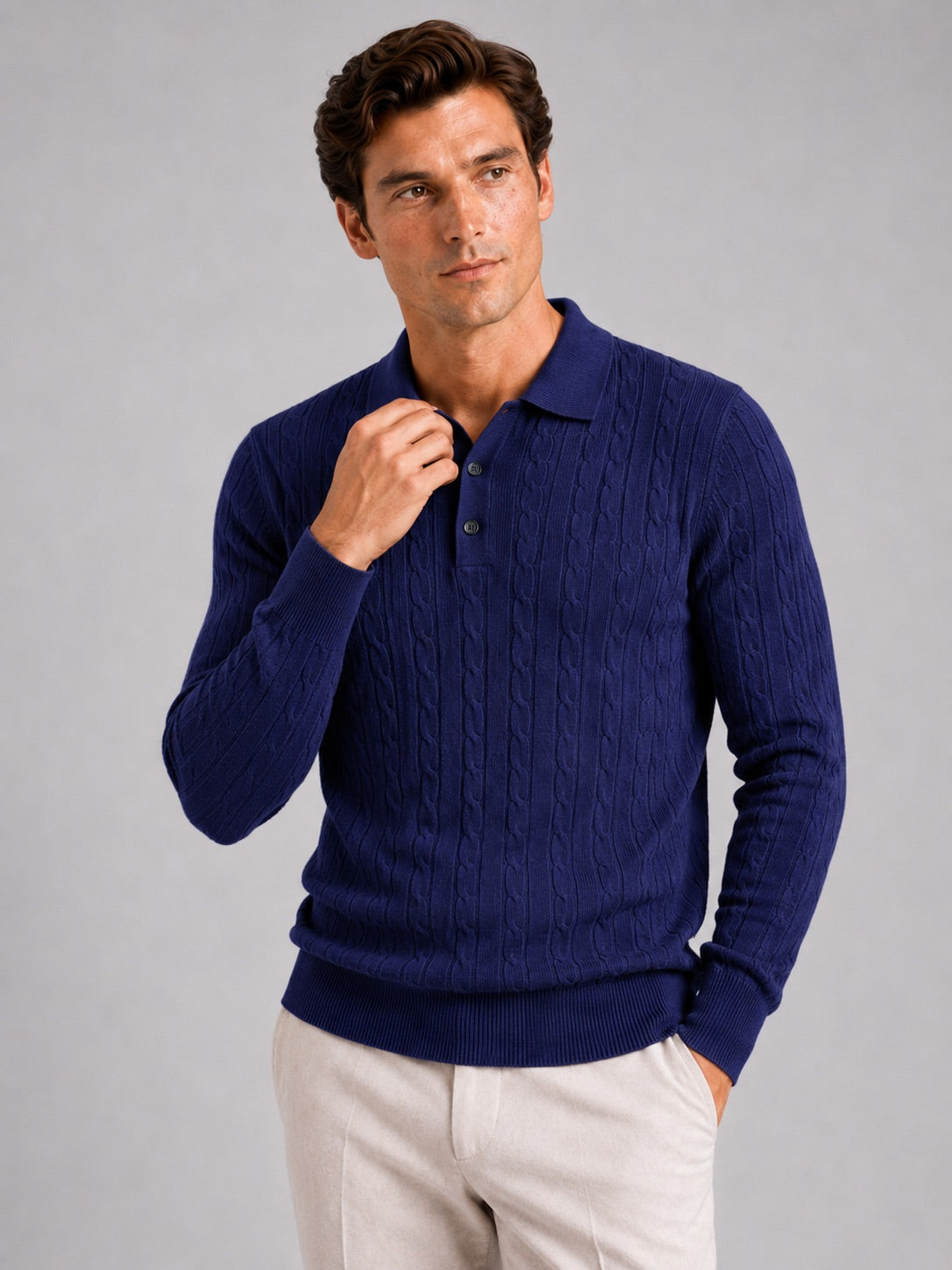 Men’s Cable Knit Long Sleeve Polo Winter Layer for Business Casual and Everyday Wear