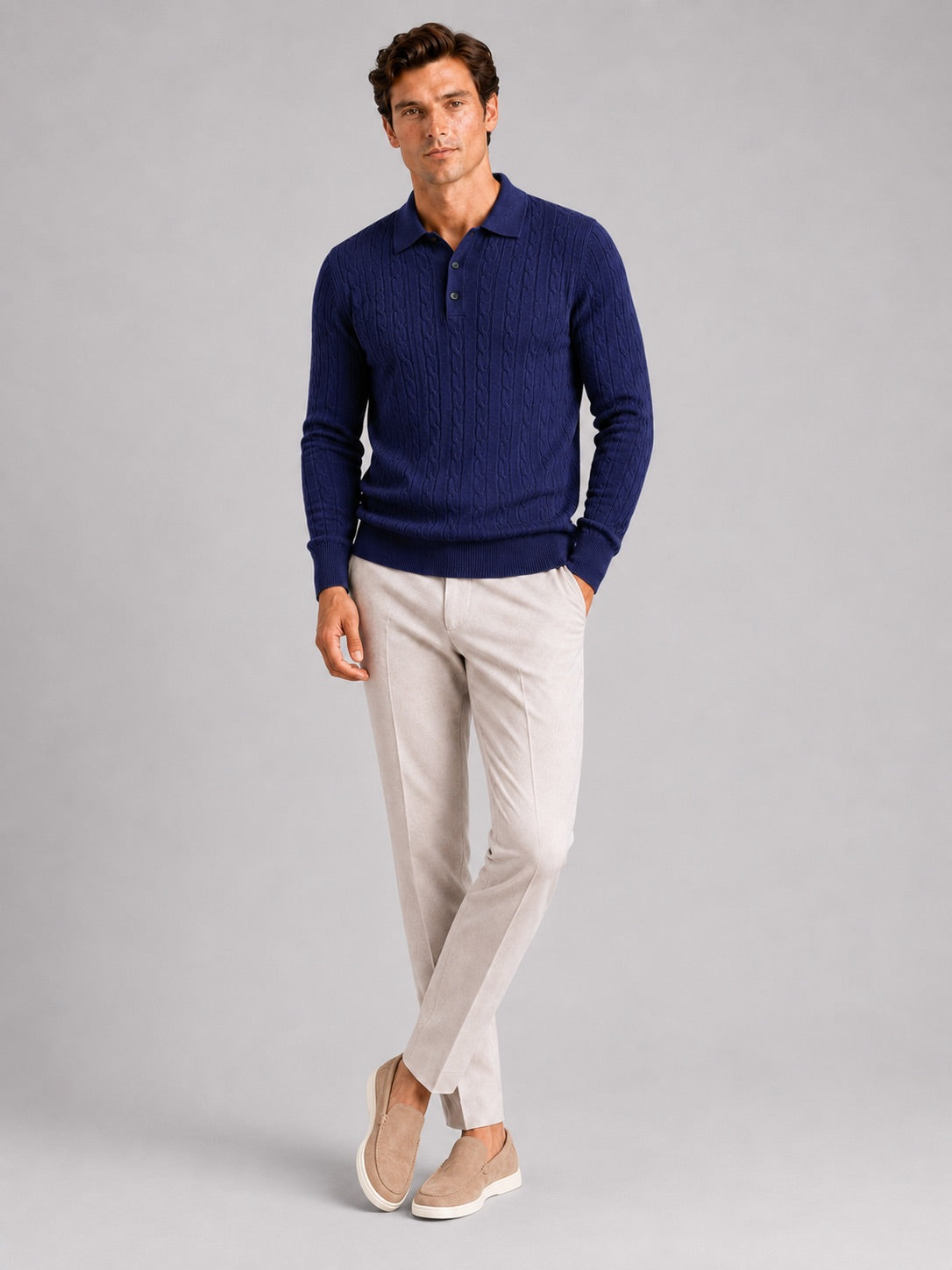 Men’s Cable Knit Long Sleeve Polo Winter Layer for Business Casual and Everyday Wear