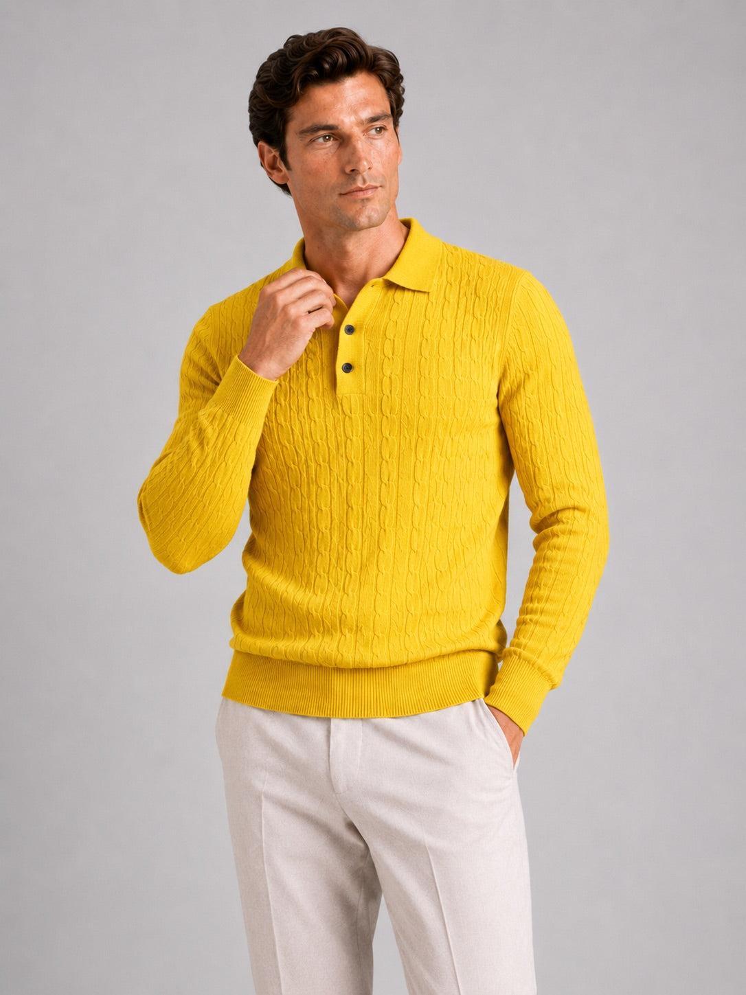Men’s Cable Knit Long Sleeve Polo Winter Layer for Business Casual and Everyday Wear