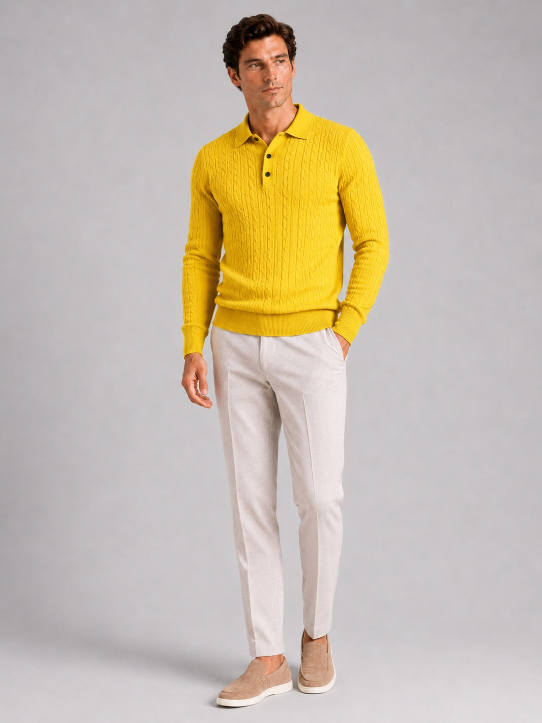 Men’s Cable Knit Long Sleeve Polo Winter Layer for Business Casual and Everyday Wear
