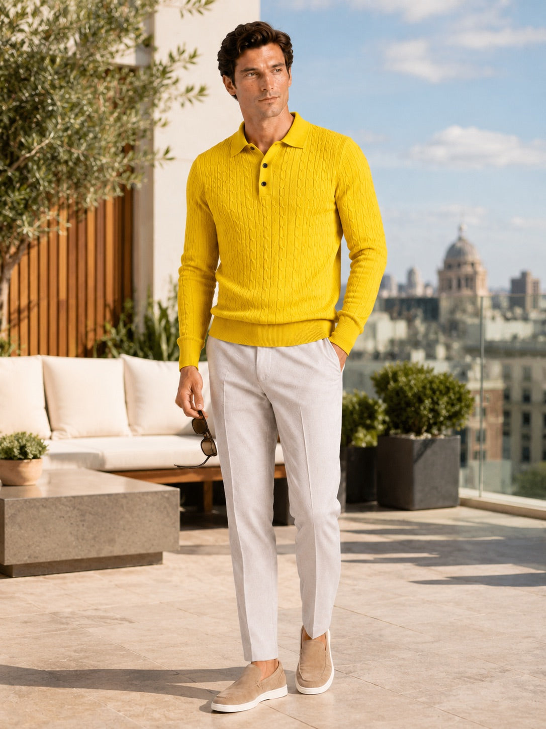 Men’s Cable Knit Long Sleeve Polo Winter Layer for Business Casual and Everyday Wear