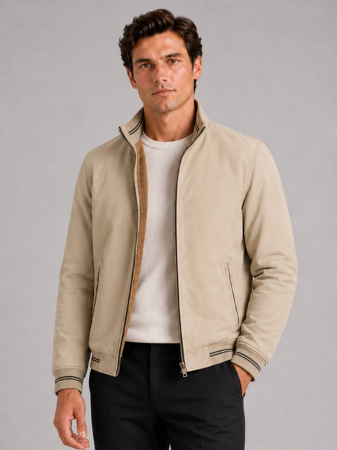 Men’s Aviator Autumn Jacket Fleece Lined Thick Warm Zip-Up Casual Jacket for Everyday Wear