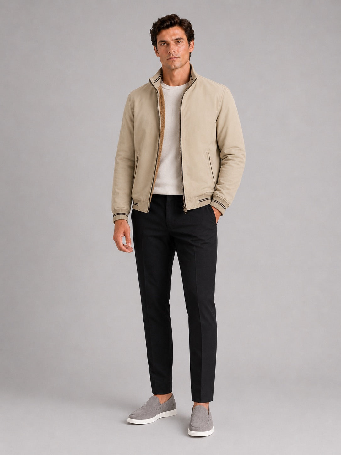 Men’s Aviator Autumn Jacket Fleece Lined Thick Warm Zip-Up Casual Jacket for Everyday Wear