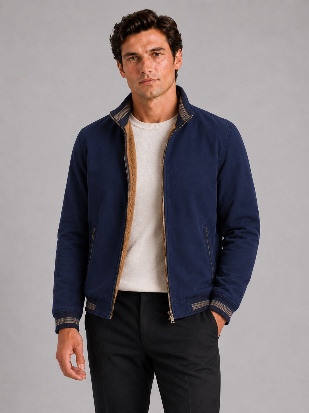 Men’s Aviator Autumn Jacket Fleece Lined Thick Warm Zip-Up Casual Jacket for Everyday Wear