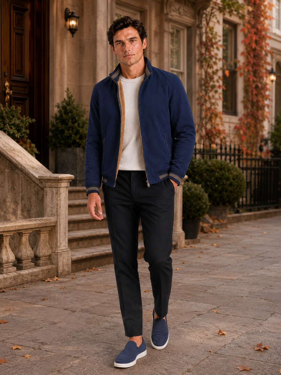 Men’s Aviator Autumn Jacket Fleece Lined Thick Warm Zip-Up Casual Jacket for Everyday Wear