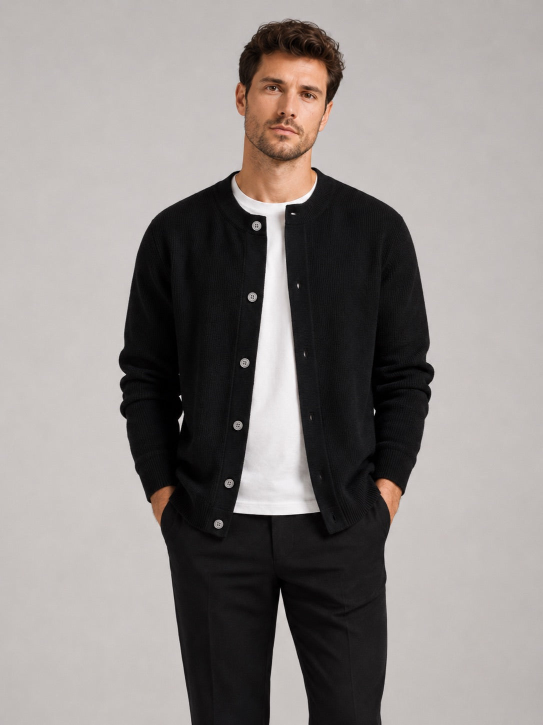 Men’s Cardigan Jumper Crew Neck Solid Colour Knit Autumn Layer for Casual and Everyday Wear