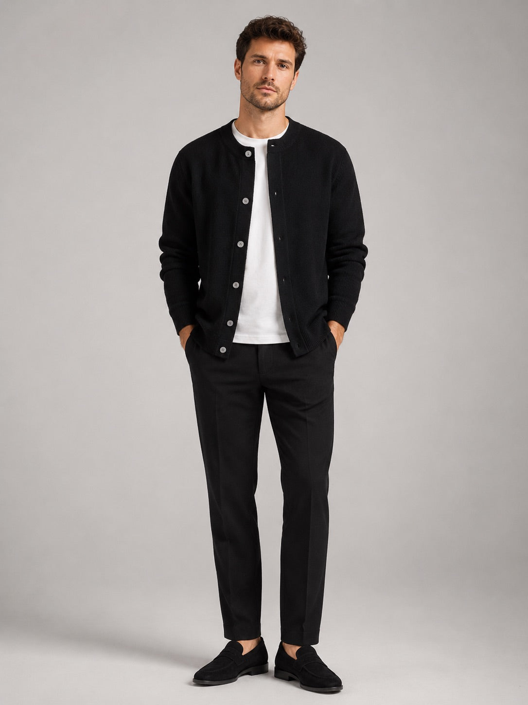 Men’s Cardigan Jumper Crew Neck Solid Colour Knit Autumn Layer for Casual and Everyday Wear