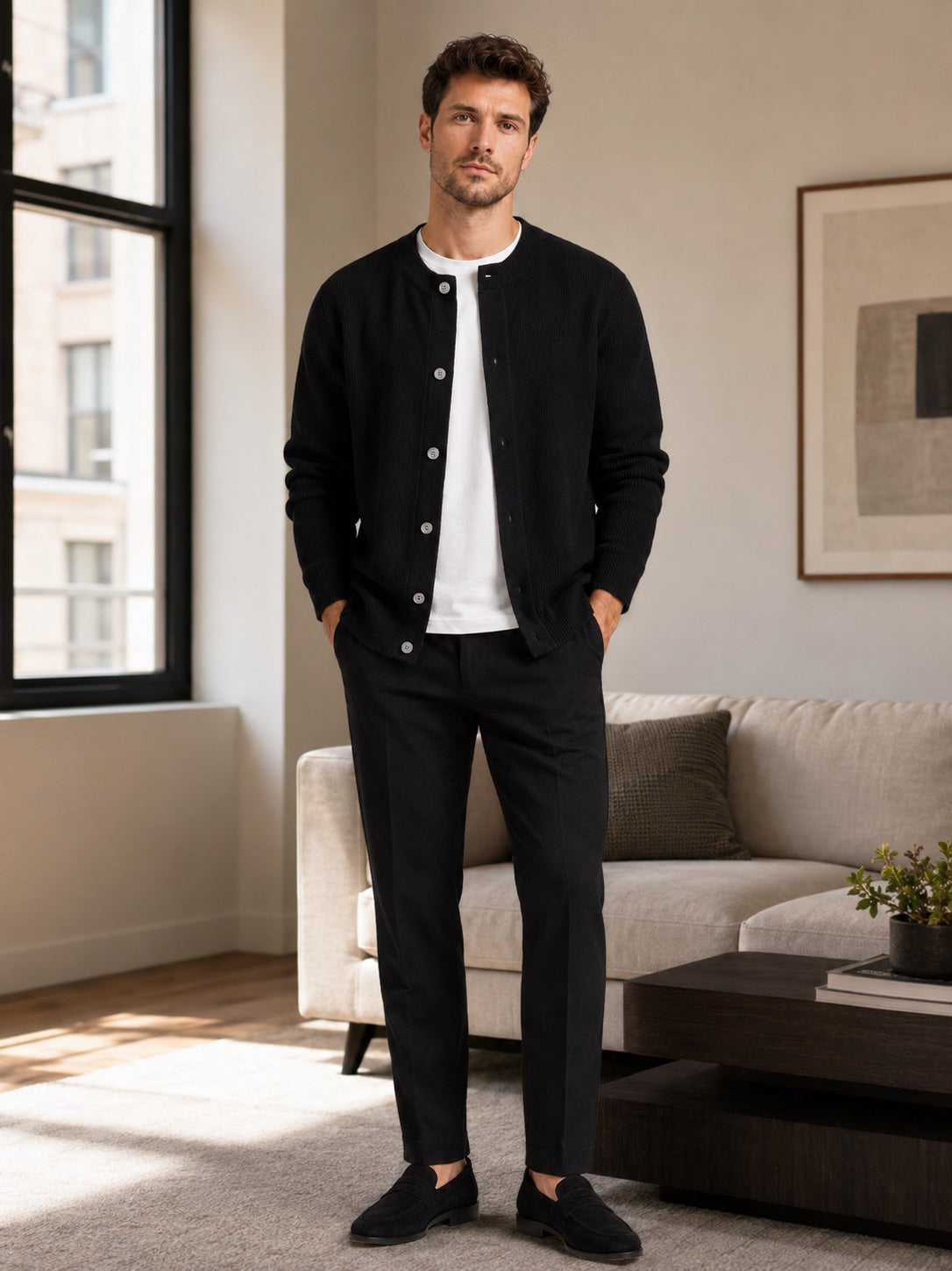 Men’s Cardigan Jumper Crew Neck Solid Colour Knit Autumn Layer for Casual and Everyday Wear