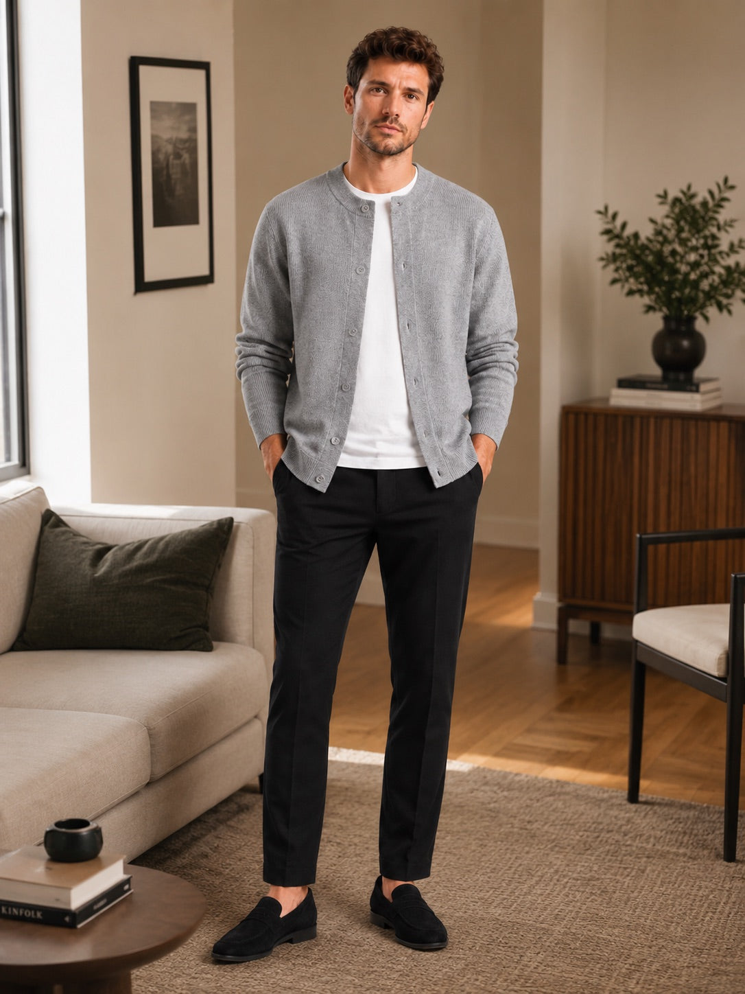 Men’s Cardigan Jumper Crew Neck Solid Colour Knit Autumn Layer for Casual and Everyday Wear