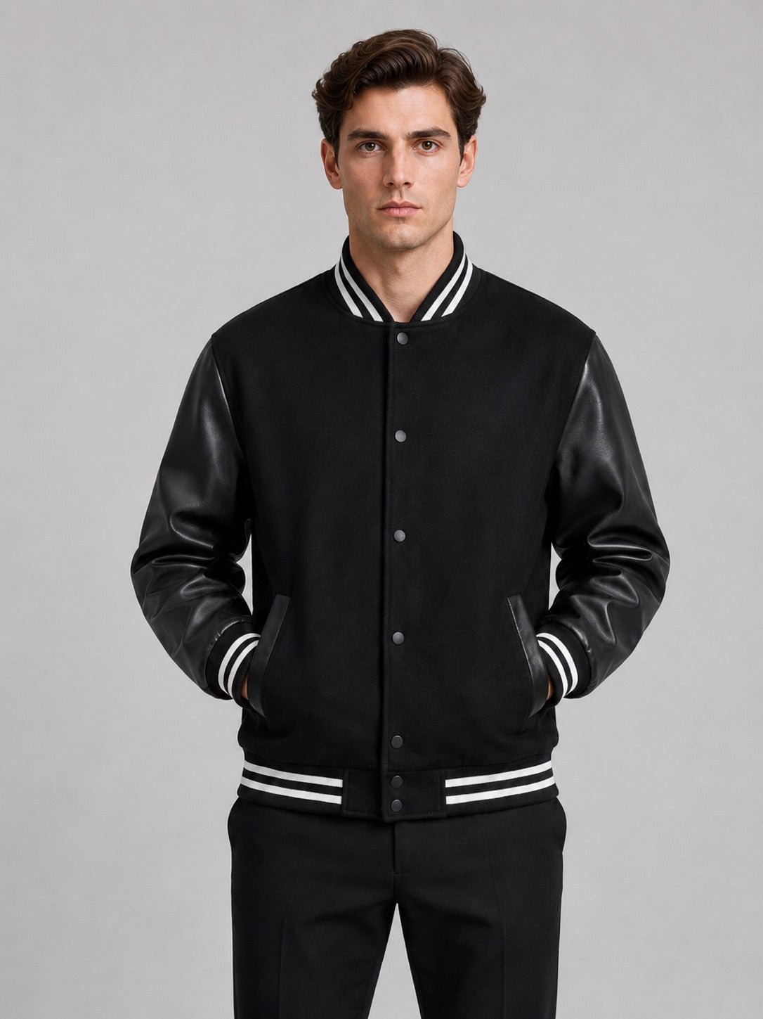 Men’s Varsity Jacket Leather Sleeves Wool Blend Bomber Winter Autumn Jacket for Casual and Streetwear Wear