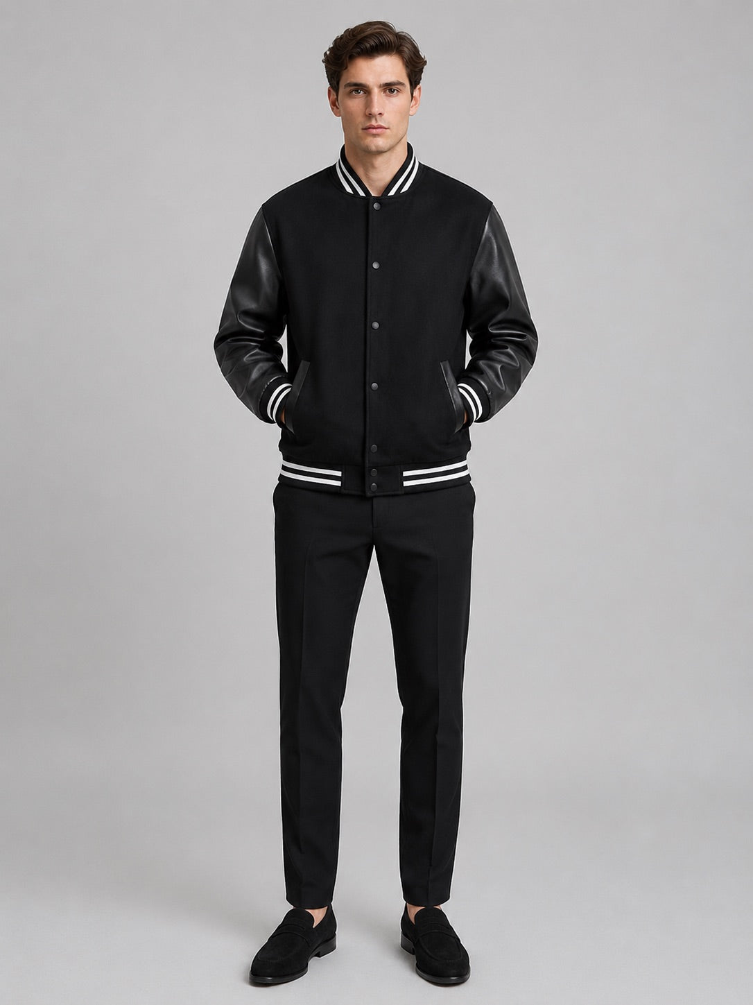 Men’s Varsity Jacket Leather Sleeves Wool Blend Bomber Winter Autumn Jacket for Casual and Streetwear Wear