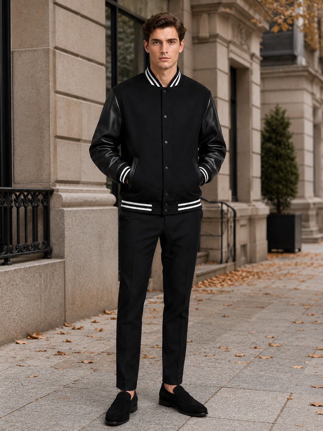 Men’s Varsity Jacket Leather Sleeves Wool Blend Bomber Winter Autumn Jacket for Casual and Streetwear Wear