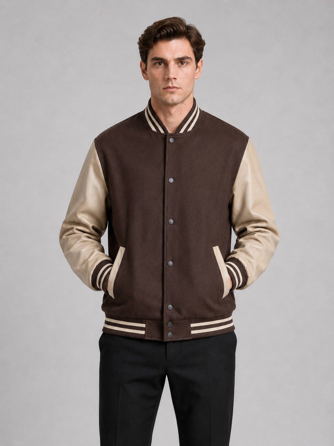 Men’s Varsity Jacket Leather Sleeves Wool Blend Bomber Winter Autumn Jacket for Casual and Streetwear Wear