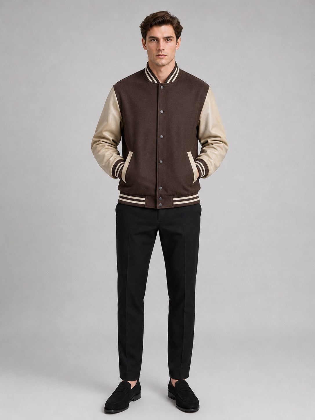 Men’s Varsity Jacket Leather Sleeves Wool Blend Bomber Winter Autumn Jacket for Casual and Streetwear Wear