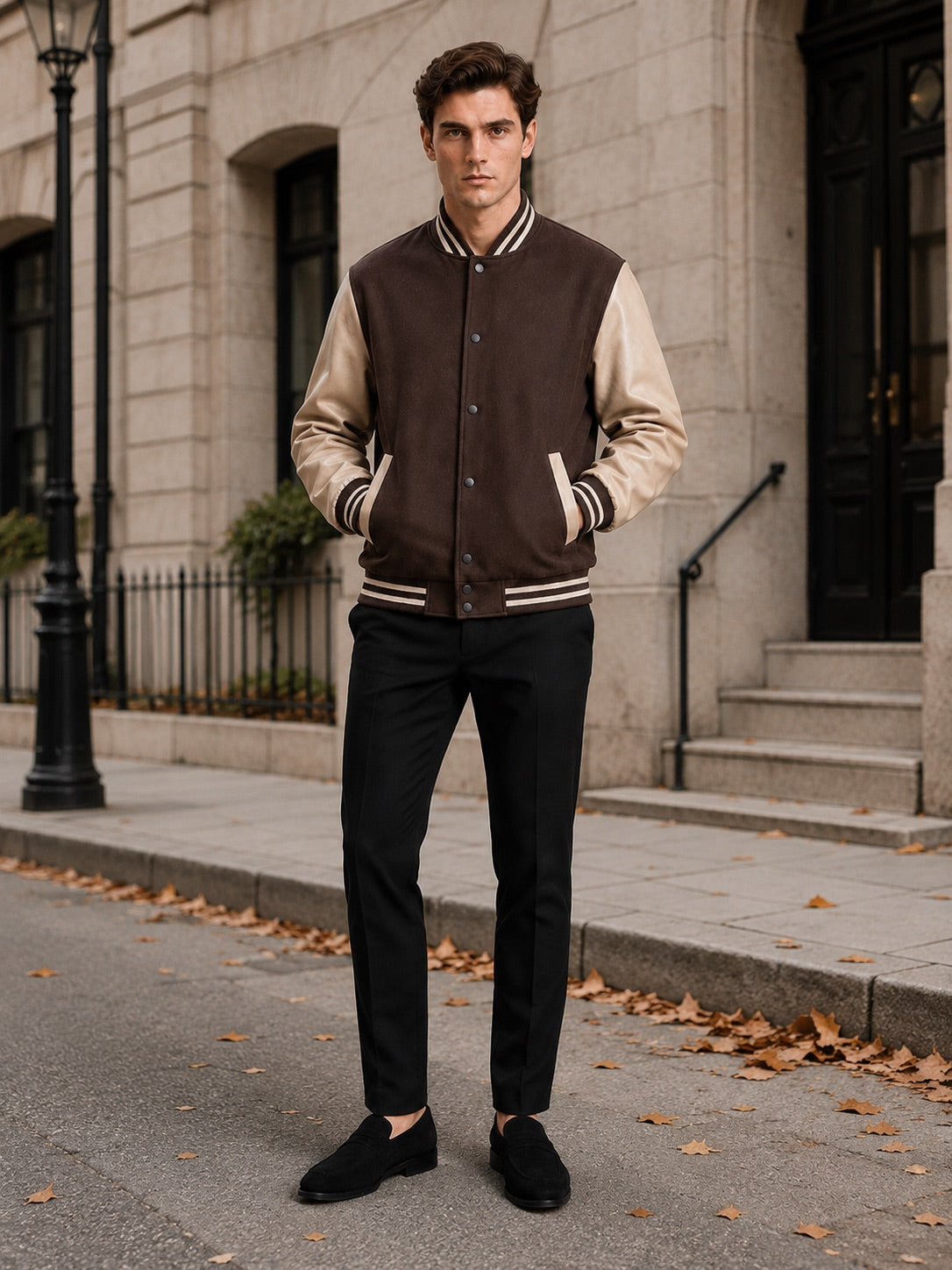 Men’s Varsity Jacket Leather Sleeves Wool Blend Bomber Winter Autumn Jacket for Casual and Streetwear Wear