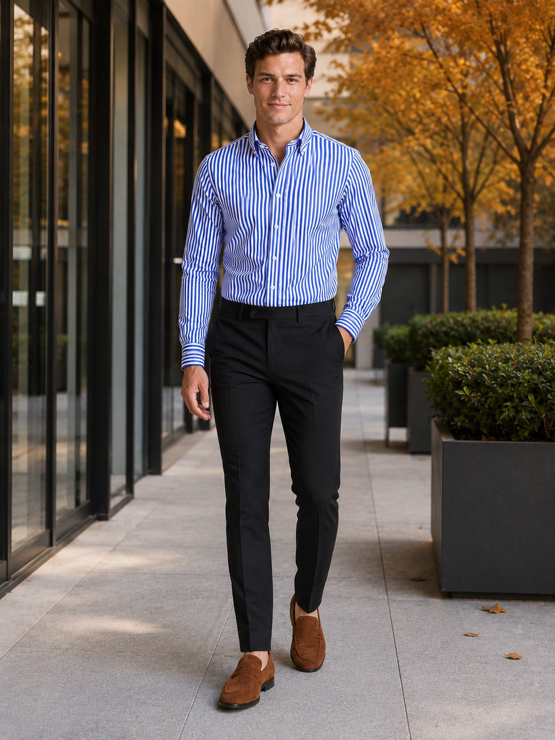 Men’s Striped Button-Down Long Sleeve Shirt Slim Fit Autumn Business Casual Dress Shirt for Office and Everyday Wear