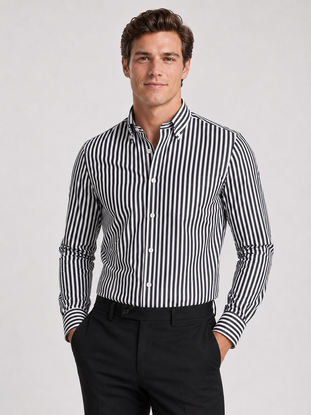 Men’s Striped Button-Down Long Sleeve Shirt Slim Fit Autumn Business Casual Dress Shirt for Office and Everyday Wear