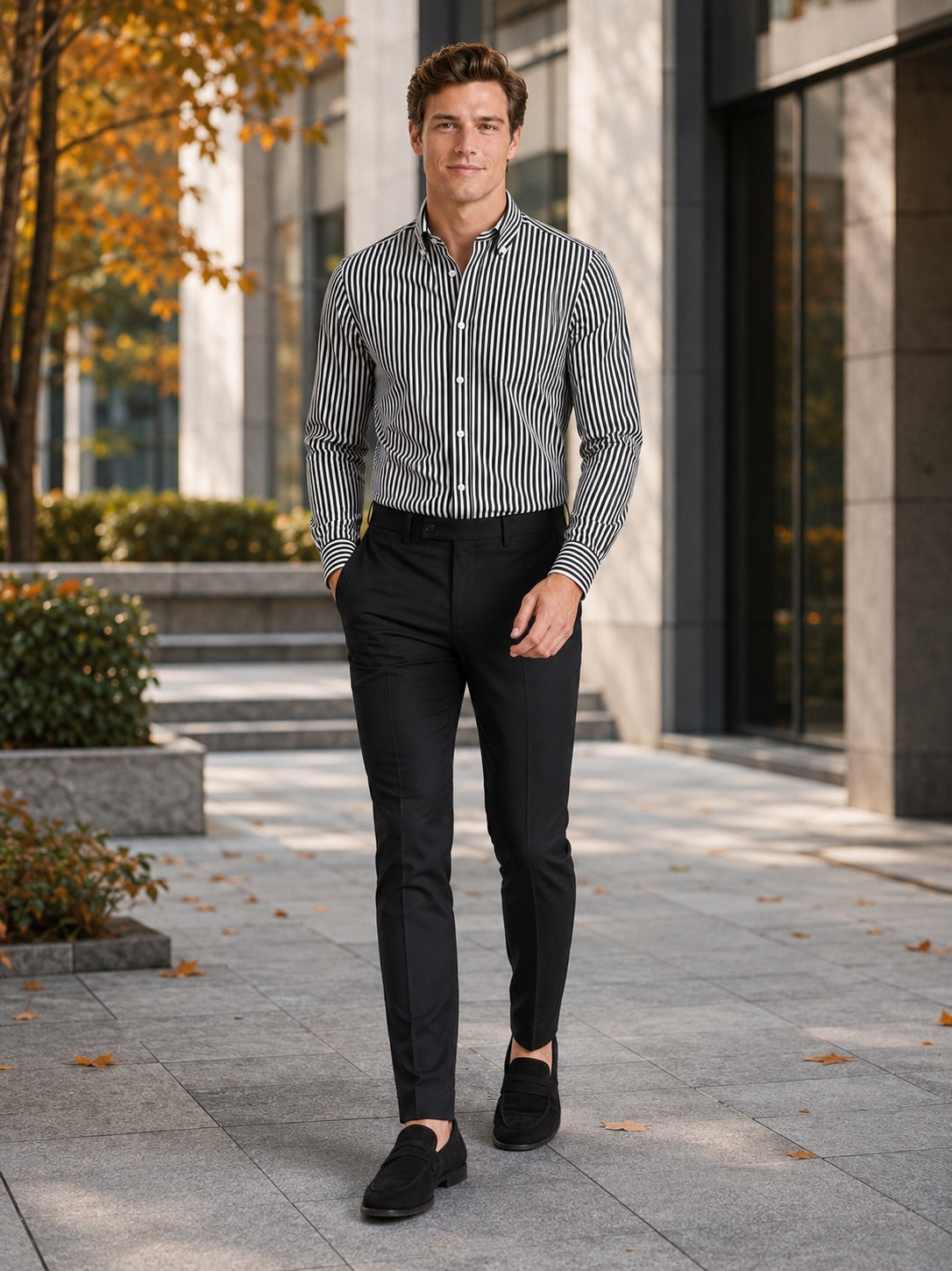 Men’s Striped Button-Down Long Sleeve Shirt Slim Fit Autumn Business Casual Dress Shirt for Office and Everyday Wear