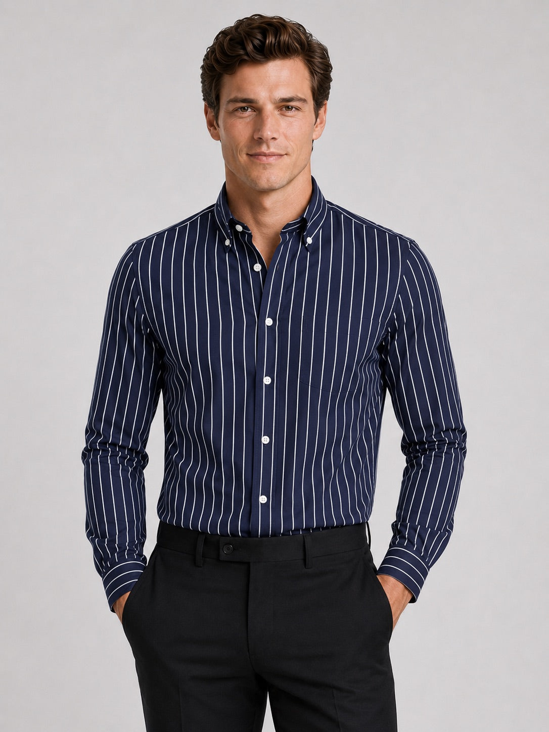 Men’s Striped Button-Down Long Sleeve Shirt Slim Fit Autumn Business Casual Dress Shirt for Office and Everyday Wear
