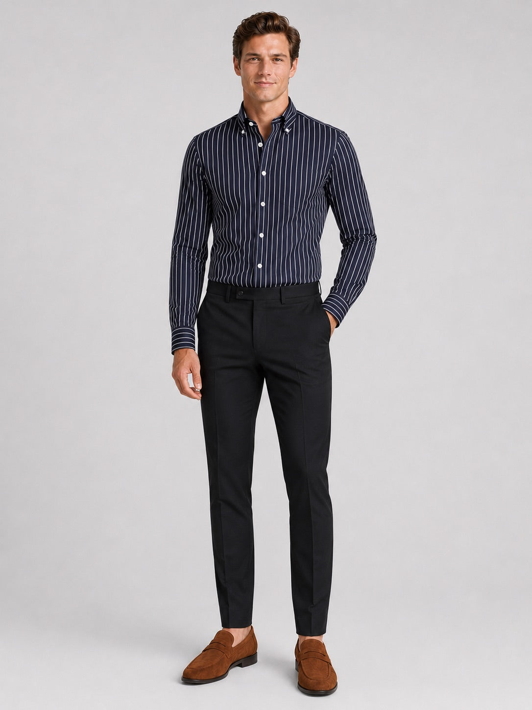 Men’s Striped Button-Down Long Sleeve Shirt Slim Fit Autumn Business Casual Dress Shirt for Office and Everyday Wear