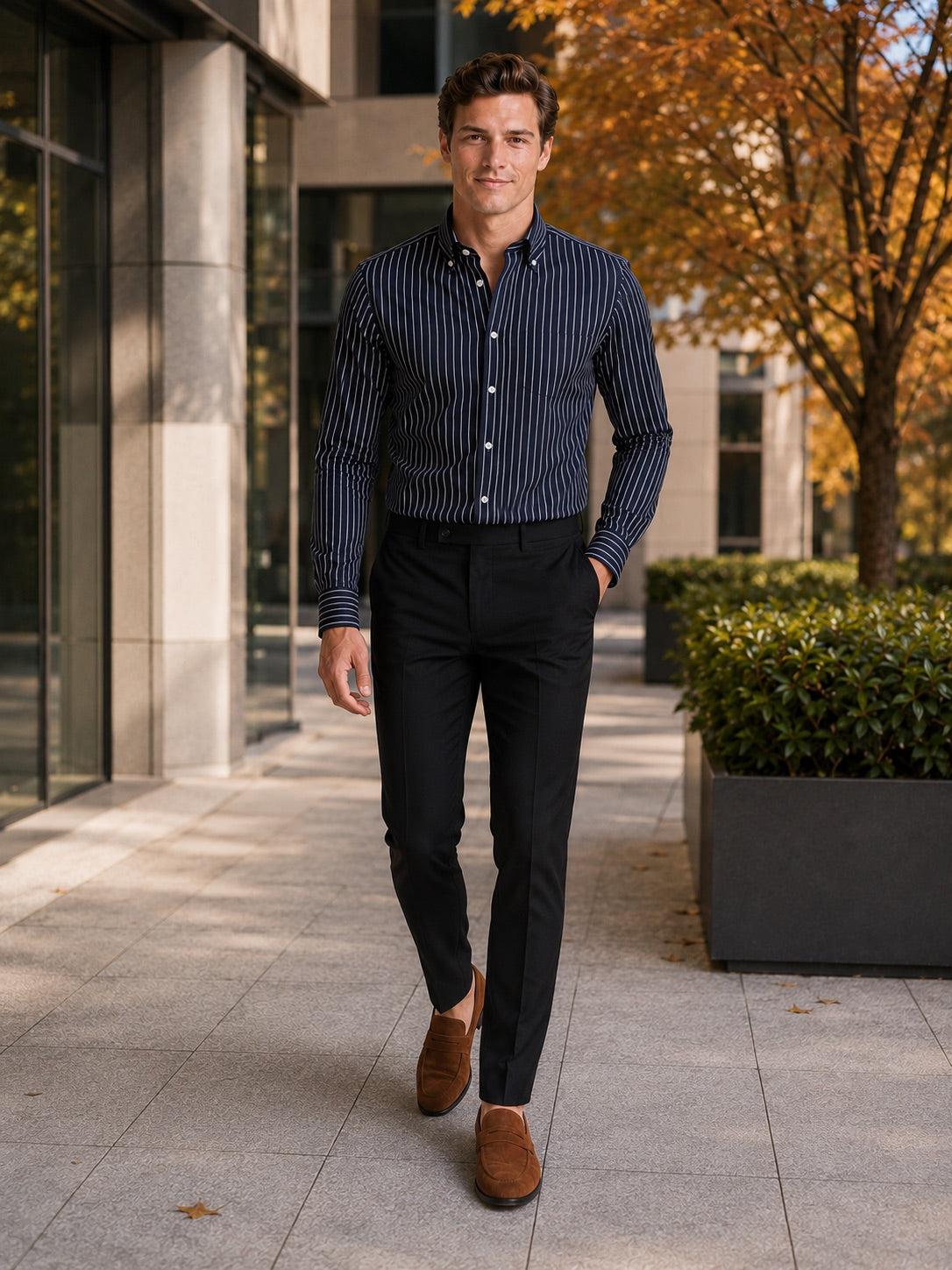 Men’s Striped Button-Down Long Sleeve Shirt Slim Fit Autumn Business Casual Dress Shirt for Office and Everyday Wear