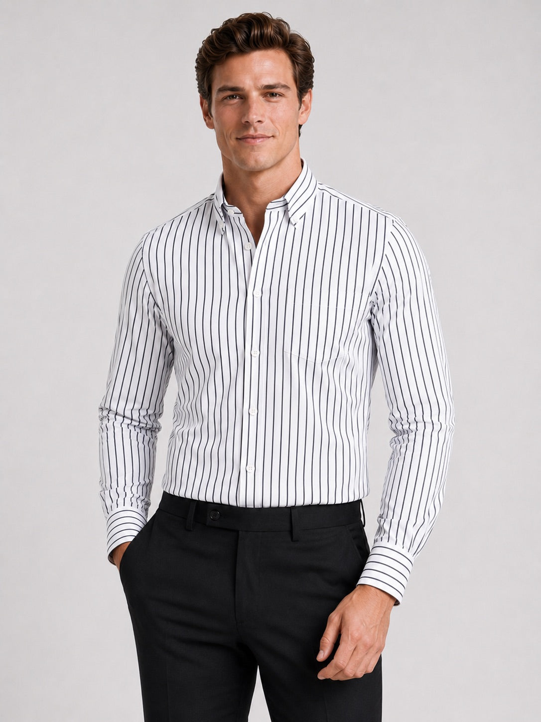 Men’s Striped Button-Down Long Sleeve Shirt Slim Fit Autumn Business Casual Dress Shirt for Office and Everyday Wear
